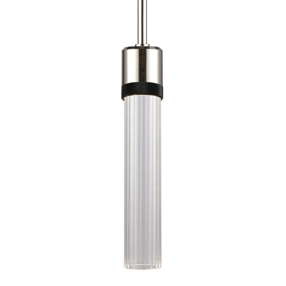 3&#34; LED 3CCT Cylindrical Pendant Light, 12&#34; Fluted Glass and Polished Nickel with Black Finis