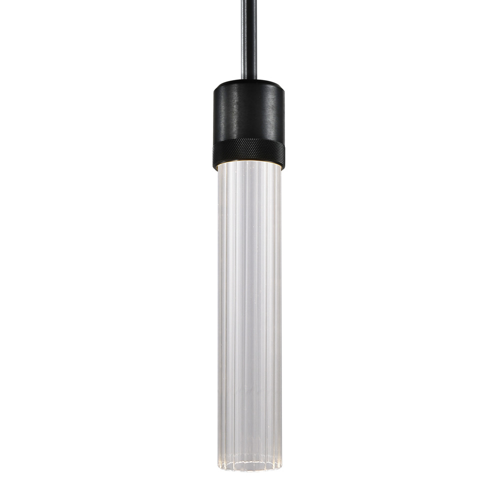 3&#34; LED 3CCT Cylindrical Pendant Light, 12&#34; Fluted Glass and Satin Brushed Black Finish