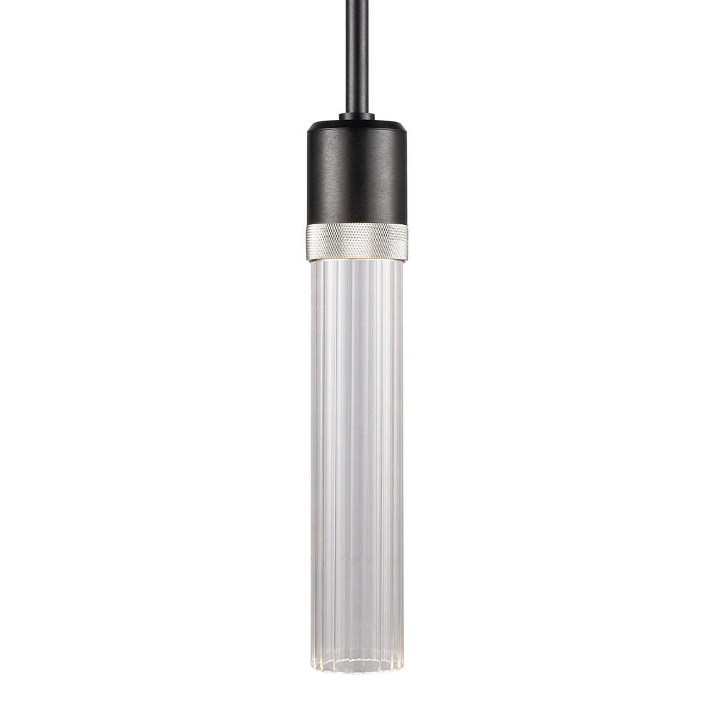 3&#34; LED 3CCT Cylindrical Pendant Light, 12&#34; Fluted Glass and Satin Brushed Black with Nickel