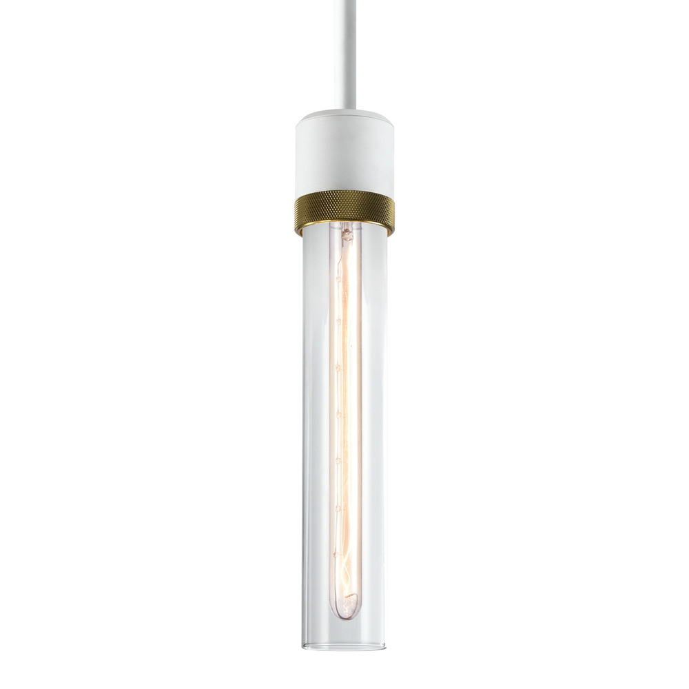 3&#34; E26 Cylindrical Pendant Light, 12&#34; Clear Glass and Matte White with Brass Finish