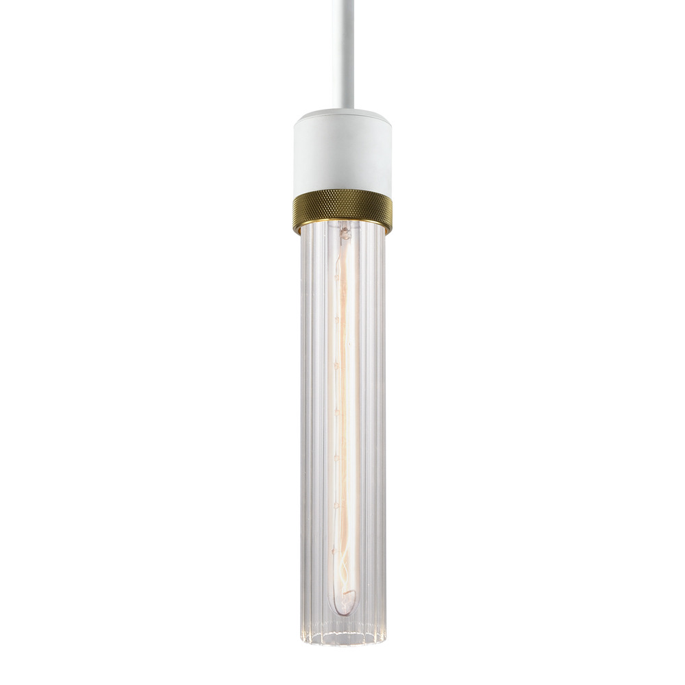 3&#34; E26 Cylindrical Pendant Light, 12&#34; Fluted Glass and Matte White with Brass Finish