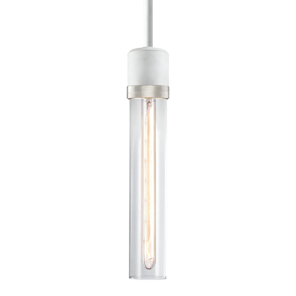 3&#34; E26 Cylindrical Pendant Light, 12&#34; Clear Glass and Matte White with Nickel Finish