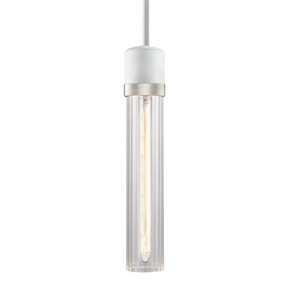 3&#34; E26 Cylindrical Pendant Light, 12&#34; Fluted Glass and Matte White with Nickel Finish