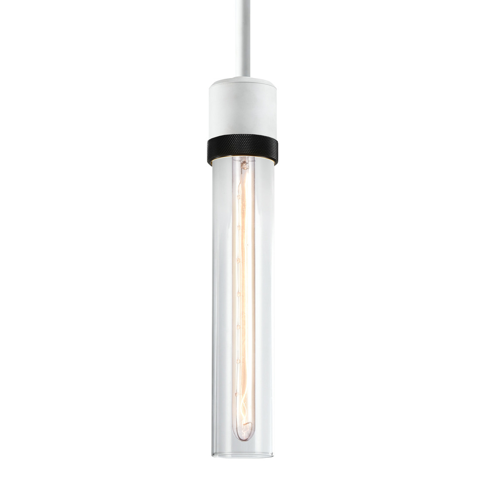 3&#34; E26 Cylindrical Pendant Light, 12&#34; Clear Glass and Matte White with Black Finish