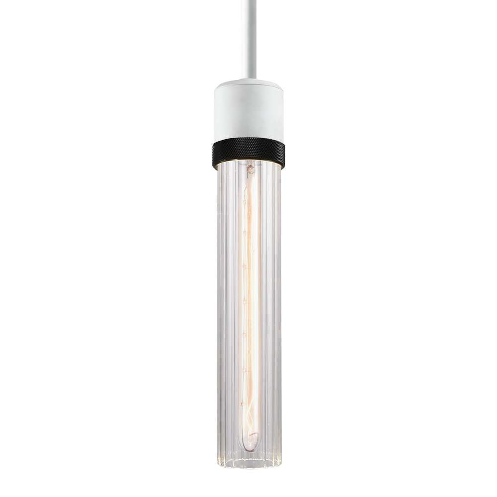 3&#34; E26 Cylindrical Pendant Light, 12&#34; Fluted Glass and Matte White with Black Finish